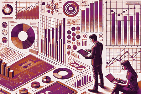 Illustration of bar graphs, charts and other math imagery.