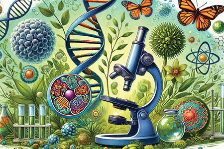 Illustration of a microscope and other science imagery.